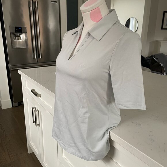 Calvin Klein Jeans SS Collared V Neck Cotton Modal Top Soft Neutral Grey Sz S - Picture 3 of 14